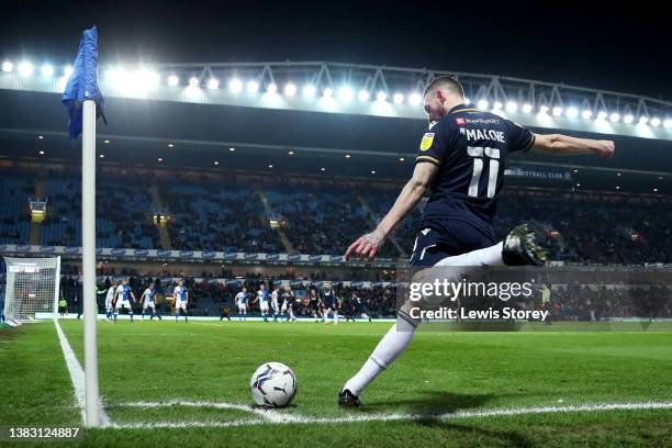 Scott Malone of Millwall takes a corner kick during the Sky Bet Championship match between Blackburn Rovers and Millwall at Ewood Park on March 08,...