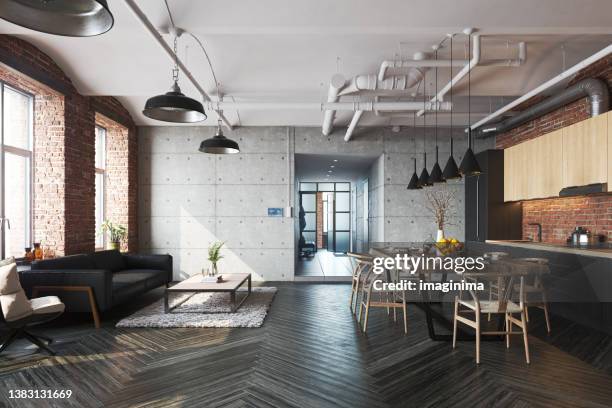 luxury loft apartment with smart screen - table brick wall wood stockfoto's en -beelden