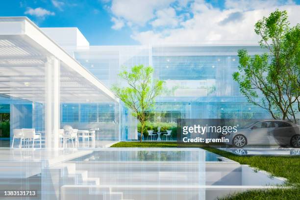 modern architectural model home as vr projection - designer wireframe stockfoto's en -beelden