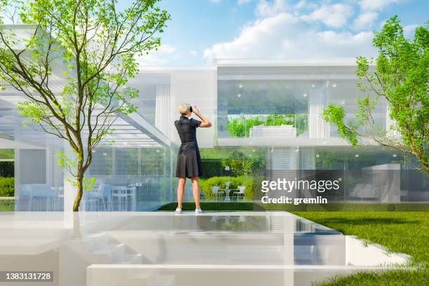 modern architectural model home as vr projection - garden feature stock pictures, royalty-free photos & images