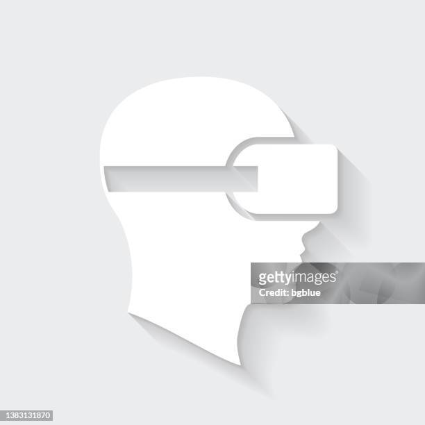 head with vr virtual reality headset. icon with long shadow on blank background - flat design - virtual reality stock illustrations