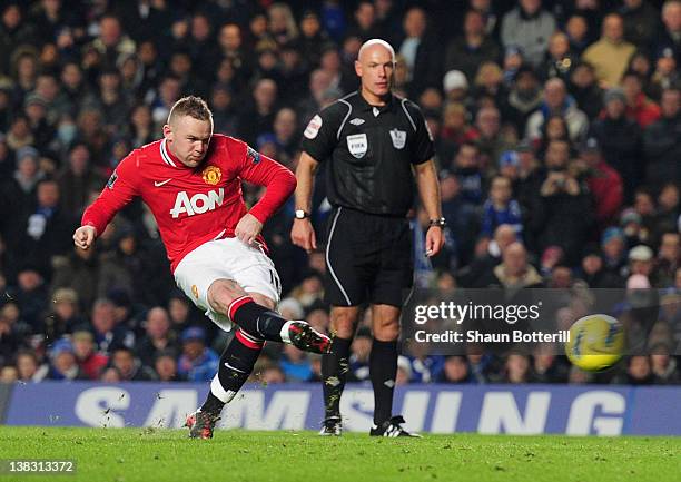 Wayne Rooney of Manchester United scores their second goal from the penalty spot during the Barclays Premier League match between Chelsea and...