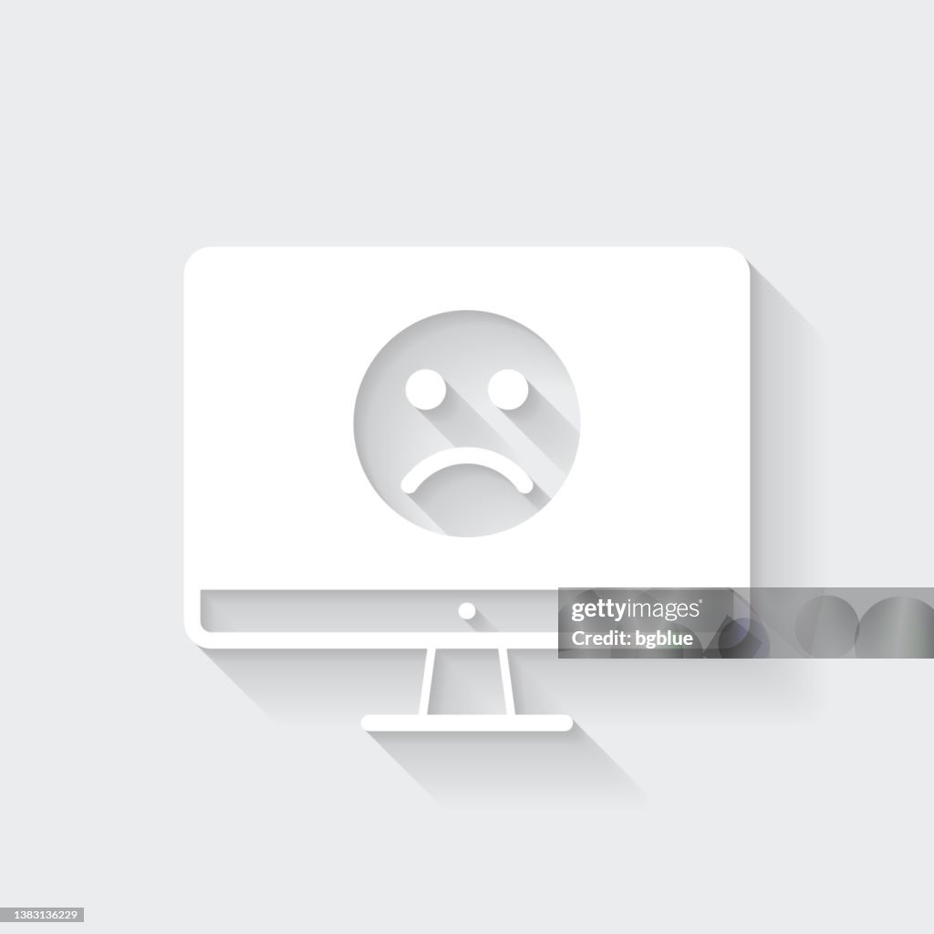 Ordinateur de bureau avec emoji triste. Icône avec une ombre longue sur fond vide - Flat Design
