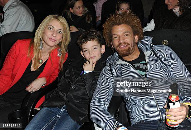 Maria Jose Mirabent Lois, singer Martin Rufus and his son Noah attend the Yoko Premiere at the Mathaeser Filmpalast on February 5, 2012 in Munich,...