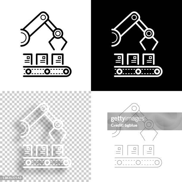 robotic arm on production line. icon for design. blank, white and black backgrounds - line icon - robotic process automation stock illustrations