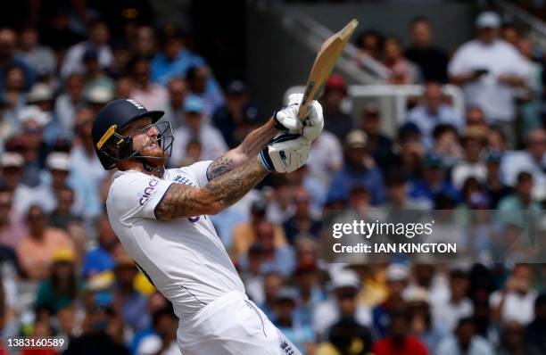 England's captain Ben Stokes plays a shot for six runs on day five of the second Ashes cricket Test match between England and Australia at Lord's...