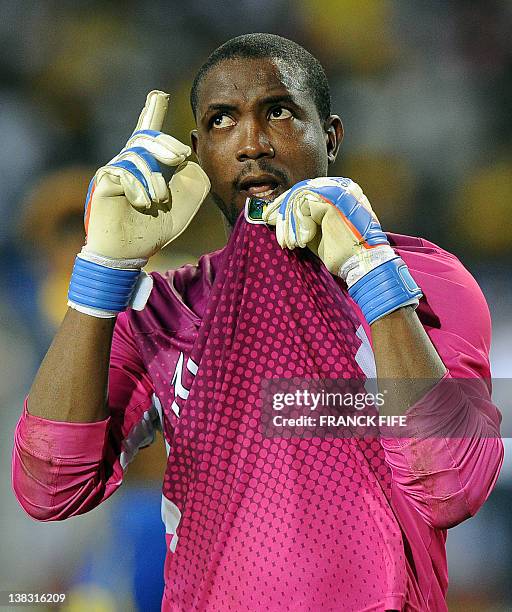 Malian goalkeeper Soumaila Diakite reacts after he stopped a penalty kick during the Africa Cup of Nations quarter-final football match Gabon vs Mali...