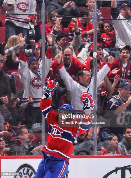 Alexei Emelin of the Montreal Canadiens celebrates his shorthanded goal during the NHL game against the Winnipeg Jets on February 5, 2012 at the Bell...