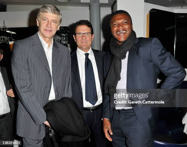 Arsene Wenger, Arsenal Football manager with England Football manager Fabio Capello and Academy member Marcel Desailly attend the Laureus Welcome...
