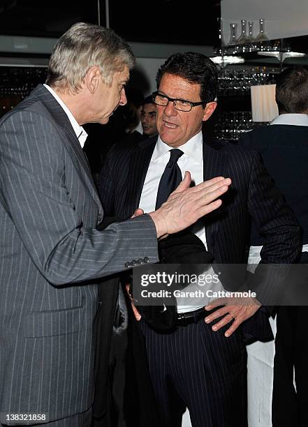 Arsene Wenger, Arsenal Football manager with England Football manager Fabio Capello speak at the Laureus Welcome Party as part of the Laureus World...