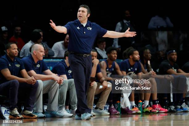 Head coach Josh Pastner of the Georgia Tech Yellow Jackets reacts during the first half against the Louisville Cardinals in the Men's ACC Basketball...