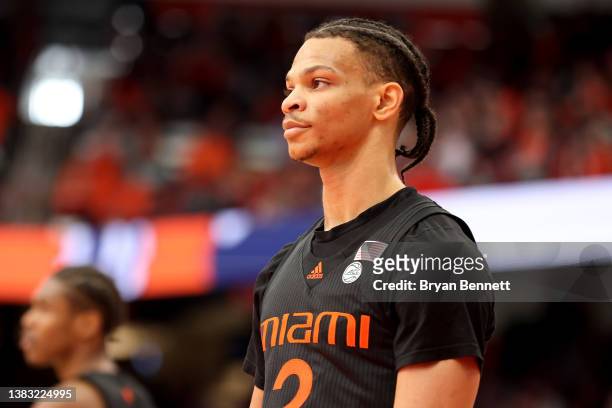 Isaiah Wong of the Miami Hurricanes looks on during the second half against the Syracuse Orange at the Carrier Dome on March 05, 2022 in Syracuse,...