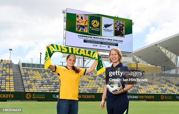 Junior Matilda Layne Chapman and Matilda's assistant coach Mel Andreatta pose during a Matildas media opportunity at Queensland Country Bank Stadium...