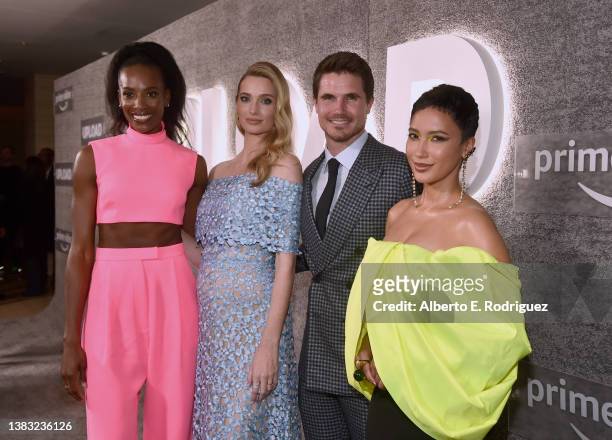 Zainab Johnson, Allegra Edwards, Robbie Amell and Andy Allo attend Amazon Prime Video's "Upload" Season 2 premiere at The West Hollywood EDITION on...