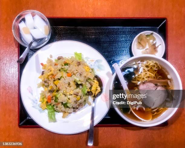 fried rice and ramen, chuka half and half lunch teishoku - almond jelly stock pictures, royalty-free photos & images