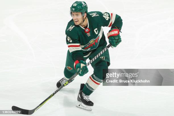 Jared Spurgeon of the Minnesota Wild skates against the Calgary Flames during the game at the Xcel Energy Center on March 1, 2022 in Saint Paul,...