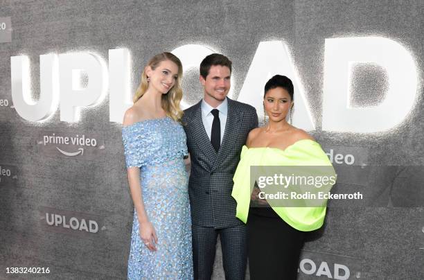 Allegra Edwards, Robbie Amell, and Andy Allo attend Amazon Prime Video's "Upload" Season 2 premiere on March 08, 2022 in West Hollywood, California.