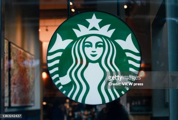 Exterior View of a Starbucks Restaurant in New York on March 8, 2022. The coffee chain has about 130 outlets in Russia and Ukraine, according to Bank...