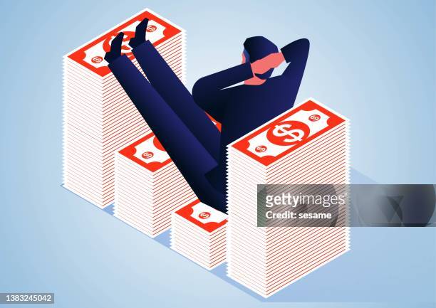 isometric wealthy happy businessman leisurely lying inside stack of banknotes - easy stock illustrations