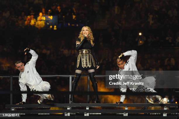 Madonna performs during the Bridgestone Super Bowl XLVI Halftime Show at Lucas Oil Stadium on February 5, 2012 in Indianapolis, Indiana.