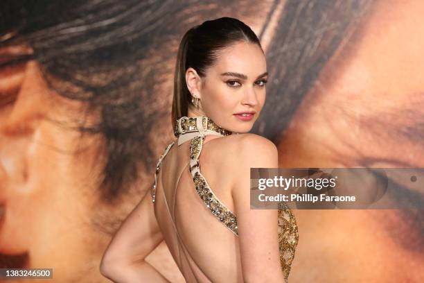Lily James attends the Los Angeles finale premiere for Hulu's "Pam & Tommy" at The Greek Theatre on March 08, 2022 in Los Angeles, California.