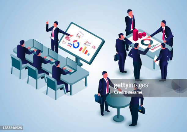 isometric business meeting, group of businessmen working around desk in office - senior management stock illustrations