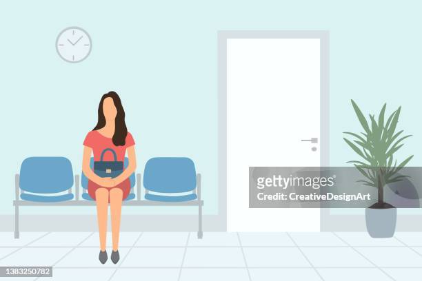 ilustraciones, imágenes clip art, dibujos animados e iconos de stock de mujer joven que espera la hora de la cita en el hospital o en la oficina - lobby closed