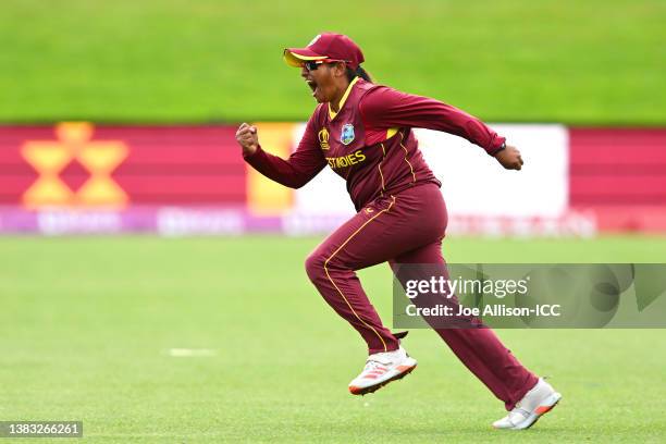 Anisa Mohammed of West Indies celebrates dismissing Anya Shrubsole of England and winning the game for West Indies during the 2022 ICC Women's...