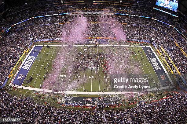 The New York Giants celebrate after defeating the New England Patriots in Super Bowl XLVI at Lucas Oil Stadium on February 5, 2012 in Indianapolis,...