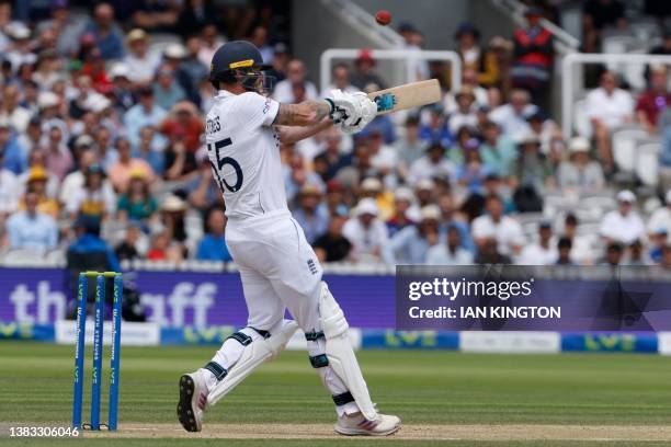 England's captain Ben Stokes hits this shot straight to Australia's Steven Smith in the field, who drops the catch on day five of the second Ashes...