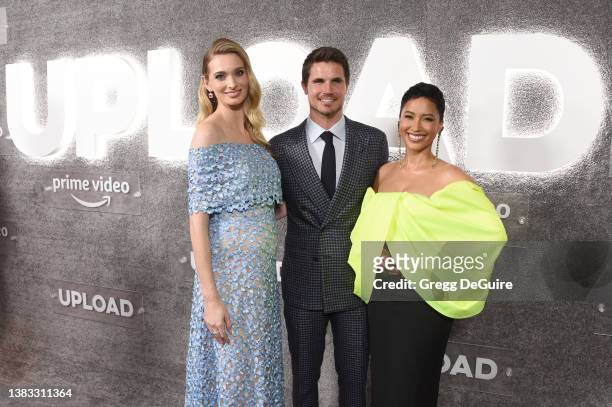 Allegra Edwards, Robbie Amell and Andy Allo attend the Amazon Prime Video's "Upload" Season 2 Premiere on March 08, 2022 in West Hollywood,...