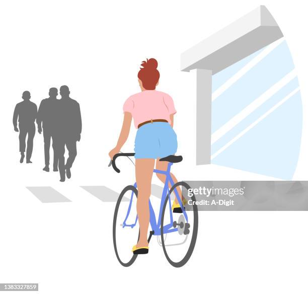 redhead girl on bike on street with business - hair bun stock illustrations