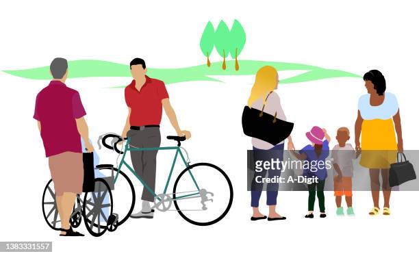 diversity sidewalk crowd with cyclist - clip art family stock illustrations