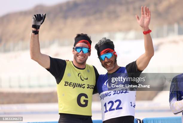 Gold medal winner Brian Mckeever of Team Canada celebrates following the Men's Sprint Free Technique Vision Impaired Final on day five of the Beijing...