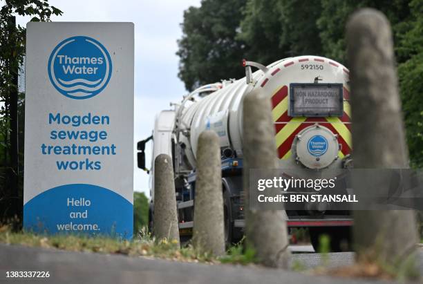 Tanker is pictured at Thames Water's Mogden sewage treatment works in Isleworth, west London, on July 2, 2023. The UK government last week expressed...