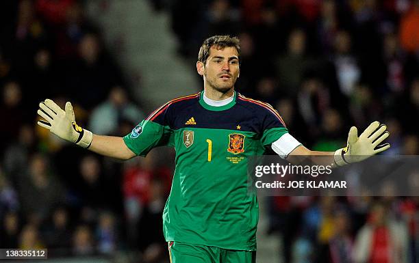 Spain's goalkeeper and captain Iker Casillas reacts during the group I of Euro 2012 qualifying round football match between the Czech Republic and...