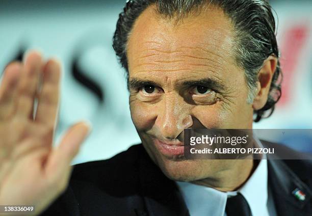 Italy's coach Cesare Prandelli gestures prior to the group C qualifying football match Italy vs Northern Ireland at Adriatico Giovanni Cornacchia...
