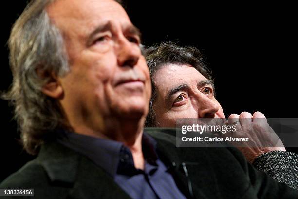 Spanish singers Joan Manuel Serrat and Joaquin Sabina present their new album "La Orquesta del Titanic" at Casa de America on February 6, 2012 in...