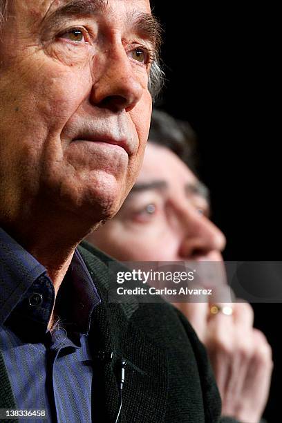 Spanish singers Joan Manuel Serrat and Joaquin Sabina present their new album "La Orquesta del Titanic" at Casa de America on February 6, 2012 in...