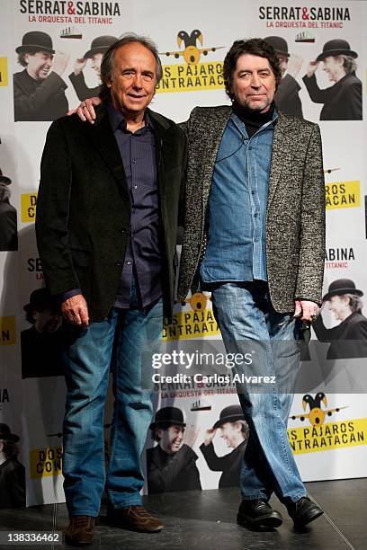 Spanish singers Joan Manuel Serrat and Joaquin Sabina present their new album "La Orquesta del Titanic" at Casa de America on February 6, 2012 in...