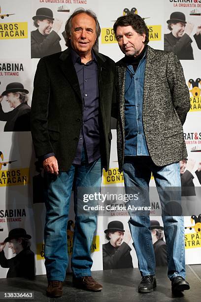 Spanish singers Joan Manuel Serrat and Joaquin Sabina present their new album "La Orquesta del Titanic" at Casa de America on February 6, 2012 in...