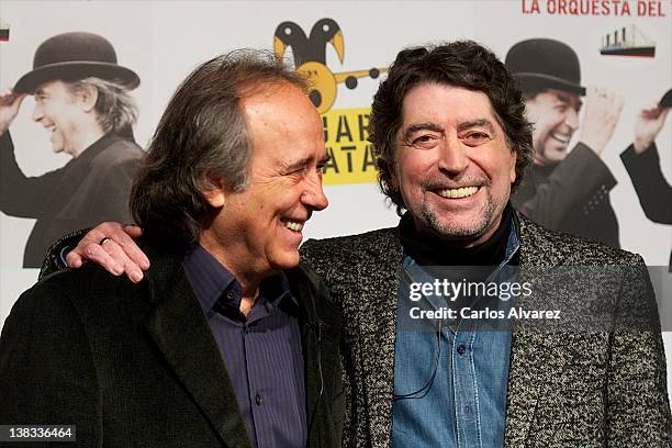 Spanish singers Joan Manuel Serrat and Joaquin Sabina present their new album "La Orquesta del Titanic" at Casa de America on February 6, 2012 in...