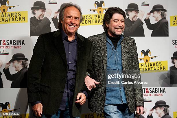 Spanish singers Joan Manuel Serrat and Joaquin Sabina present their new album "La Orquesta del Titanic" at Casa de America on February 6, 2012 in...