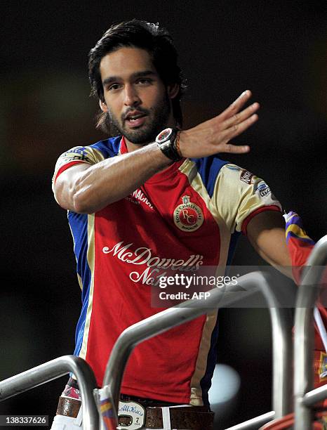 Sidharth Mallya, owner of the Royal Challengers Bangalore team gestures during the Champions League Twenty20 final match between Royal Challengers...