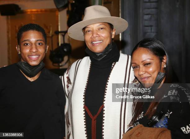 Myles Frost, Queen Latifah and partner Eboni Nichols pose backstage at the hit musical "MJ: The Michael Jackson Musical" on Broadway at The Neil...