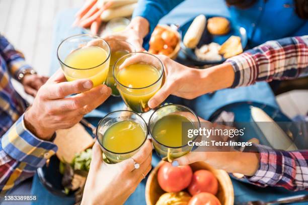 family with children (10-11, 12-13, 16-17) raising toast with orange juice - family orange juice stockfoto's en -beelden