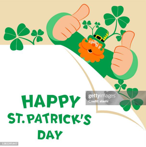 the mysterious leprechaun hiding behind the curled corner of the paper that has a "happy st. patrick's day" handwriting text gives a thumbs up - tv toppers stock illustrations