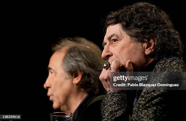 Singers Joan Manuel Serrat and Joaquin Sabina present the new album 'La Orquesta del Titanic' at Casa America on February 6, 2012 in Madrid, Spain.