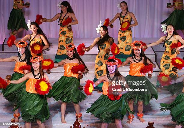 Dancers perform a Polynesian dance during a rehearsal for the reopening of the Spa Resort Hawaiians, managed by Joban Kosan Co., in Iwaki City,...