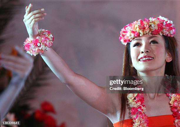 Dancer performs a Polynesian dance during a rehearsal for the reopening of the Spa Resort Hawaiians, managed by Joban Kosan Co., in Iwaki City,...